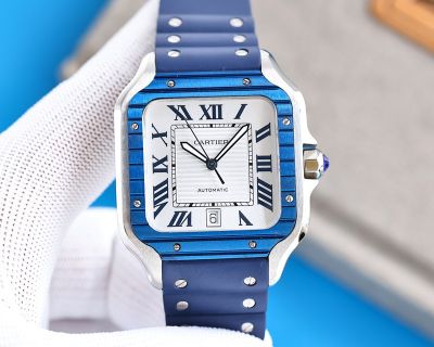 Replica Cartier Santos De Cartier Blue PVD Bezel Rubber Strap Watch